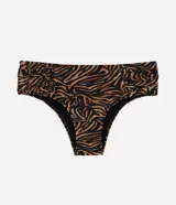 Bombacha de bikini modelo sunkini con laterales fruncidos y estampado animal print de cebra.