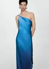 Vestido midi azul degradado, de un solo hombro, con diseño asimétrico y forro interior.