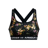 Top deportivo Under Armour con estampado abstracto en tonos verde militar y negro, breteles finos blancos y banda elástica con logo de la marca.