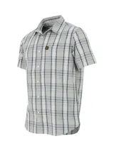 Camisa de hombre a cuadros azules, negros y blancos, de manga corta y corte clásico.