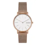 Reloj Skagen Signatur con caja de acero inoxidable color oro rosa de 38mm, esfera blanca con acabado sunray y malla de acero inoxidable tipo mesh color oro rosa. Resistencia al agua 3 ATM.