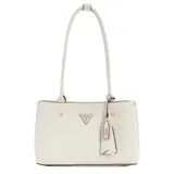 Cartera tote Guess modelo Meridian, color blanco con textura granulada, doble asa de hombro, logo triangular metálico y charm colgante.