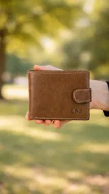 Billetera de cuero marrón con presilla de cierre, costuras blancas decorativas y grabado de iniciales "LNS". El interior cuenta con visor, tarjeteros, bolsillo y doble repartición para billetes.