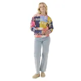 Buzo de algodón con estampado patchwork multicolor y logo de la marca bordado en el pecho.