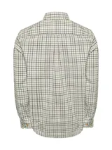 Camisa de franela de algodón orgánico con cuello americano abotonado, manga larga, corte regular y estampado a cuadros en tonos azul, blanco y rojo.
