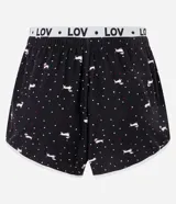 Short de pijama negro con estampado de perritos blancos y cintura elástica con la inscripción "LOV".