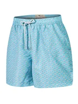 Short de baño celeste con estampado de ositos blancos, cintura elástica con cordón ajustable y bolsillos laterales.