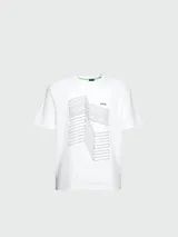 Remera celeste de algodón con estampado geométrico negro y logo de la marca BOSS en el pecho. Corte recto y cuello redondo.