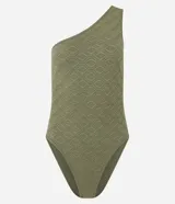 Body color verde oliva, de un solo hombro, sin mangas, con textura geométrica y cierre en la entrepierna.