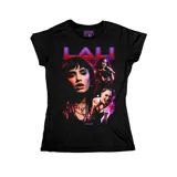 Remera negra entallada de algodón con estampado de la cantante Lali Espósito.