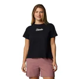 Remera blanca de algodón orgánico con cuello redondo y logo de Columbia estampado en el pecho.