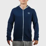 Campera deportiva Umbro color azul marino con cierre frontal, capucha con borde blanco, logo de la marca bordado en blanco en el pecho y bolsillos laterales.
