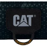 Riñonera unisex Caterpillar modelo Raymond, color verde azulado con detalles en negro y logo de la marca en amarillo. Cuenta con bolsillo trasero secreto, hebilla para llavero, correa ajustable y dos compartimentos con cierre. Capacidad de 2 litros.