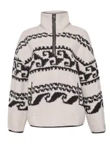 Polar de mujer con cuello alto y medio cierre, tejido con diseños étnicos en blanco y negro.