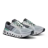 Championes de running On Cloudrunner 2, color gris, celeste y blanco, con cordones color verde agua.
