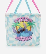 Bolso tipo shopper plegable con estampado del personaje de Disney, Stitch, en la playa. Tiene doble asa contrastante en color celeste y rosa.