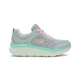 Zapatillas deportivas Skechers Relaxed Fit®: D'Lux Walker - Infinite Motion, color gris con detalles en rosa y celeste. Capellada de cuero tratado y malla, con plantilla Air Cooled Memory Foam y entresuela Skech-Foam.