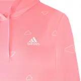 Canguro rosado con capucha y estampado de triángulos blancos.