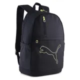 Mochila Puma Plus negra con logo de la marca en dorado. Cuenta con un compartimento principal con cierre, un bolsillo frontal con cierre, dos bolsillos laterales de malla y correas acolchadas ajustables.