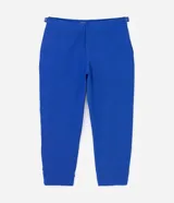 Pantalón de vestir azul eléctrico, de corte recto, con bolsillos laterales y traseros. Se ajusta a la cintura con hebillas laterales.