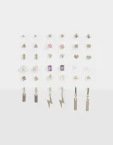 Set de 18 pares de aros de metal con strass, perlas, flor, hoja, triángulo y aros largos.