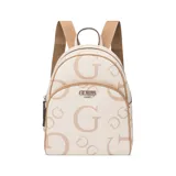 Mochila mediana color crema con estampado del logo de la marca en color beige. Tiene un bolsillo frontal con cierre, correas ajustables con el logo de la marca y asa superior.