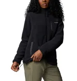 Campera polar Columbia color crema, con cierre frontal completo, cuello alto, bolsillos laterales y bolsillo en el pecho con cierre de velcro.