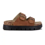 Sandalias Darkness color marrón con dos tiras ajustables con hebillas metálicas. Plataforma con base de corcho y suela de goma negra.