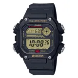 Reloj digital Casio modelo DW291H-9AVDF, color negro con detalles en amarillo. Cuenta con cronómetro, temporizador, alarma y es resistente al agua hasta 200 metros.