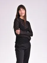 Remera negra de mangas largas con textura arrugada y transparente.