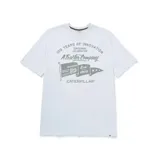Remera blanca de algodón y poliéster con estampado al frente que conmemora el centenario de Caterpillar.