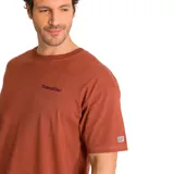 Remera color ladrillo de corte recto, con cuello redondo y mangas cortas. Logo de Caterpillar bordado en el pecho y parche con logo en la manga.