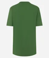 Remera verde militar de algodón con cuello redondo y mangas cortas. Estampado frontal con palmeras, olas y texto "Califa Hour".