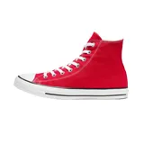 Championes de caña alta Converse Chuck Taylor All Star, color rojo, con cordones blancos y suela de goma blanca con línea negra. Logo de Converse All Star en el lateral interior.