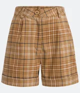 Short de sastrería con estampado de cuadros color beige y marrón, con trabillas en la cintura, cierre con botón y cremallera, y bajo doblado.
