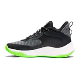 Zapatillas deportivas unisex Under Armour Curry 3Z 24, color negro con detalles en blanco y verde neón. Diseño con suela de goma duradera, capas de cuero y cordones de red con cierre de seguridad.