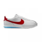 Zapatillas Nike Cortez blancas con swoosh y talón en rojo, y detalle celeste en la entresuela.