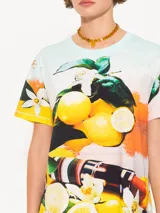 Túnica corta de punto con estampado de limones, cuello redondo y mangas cortas.