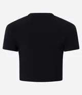 Blusa cropped de manga corta color verde militar, con cuello redondo y confeccionada en algodón certificado BCI.