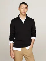Sweater negro de algodón con cremallera de un cuarto y cuello perkins, con detalles del logo de Tommy Hilfiger.
