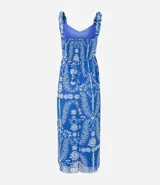Vestido midi de tule con estampa étnica, escote corazón fruncido y breteles finos.