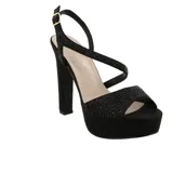 Sandalias negras de fiesta con plataforma y tacón bloque, con tiras cruzadas con strass.