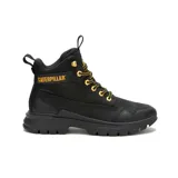 Bota Caterpillar de cuero nobuck impermeable color negro con cordones amarillos, forro interno de nylon, plantilla acolchada, entresuela de EVA y suela de goma.