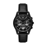 Reloj Emporio Armani modelo AR11583 para hombre, con caja de acero inoxidable negra de 41mm, esfera negra con subesferas de cronógrafo y ventana de fecha, manecillas e índices plateados, correa de cuero negra y resistencia al agua de 50 metros.
