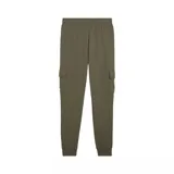 Pantalón de jogging color verde oliva con cintura elástica ajustable con cordón, bolsillos laterales tipo cargo con solapa y logo de Puma estampado en blanco en la pierna izquierda.