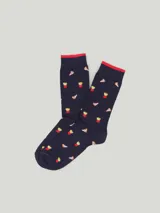 Par de medias de algodón azul marino con puños rojos y estampado de porciones de pizza y papas fritas.