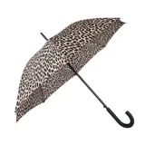 Paraguas largo con estampado de leopardo y mango curvo negro.