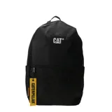 Mochila negra de tela con compartimento principal y bolsillo frontal con cierre. Presenta el logo de CAT bordado en blanco en la parte superior y una cinta colgante amarilla con el texto "CATERPILLAR" en negro. Incluye correas de sujeción frontales.