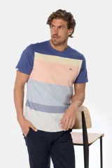 Remera manga corta con diseño a rayas horizontales en tonos azul, beige, salmón, gris y blanco.