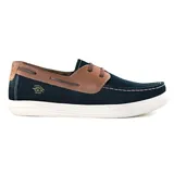 Zapato náutico Pegada Druso color azul marino con detalles en cuero marrón y cordones finos. Suela blanca de goma.